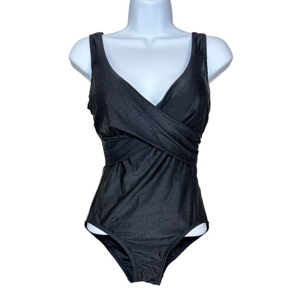 Tahari Women Tummy Control Underwire V Neck One Piece Swimsuit Black Small NWOT - Picture 1 of 7